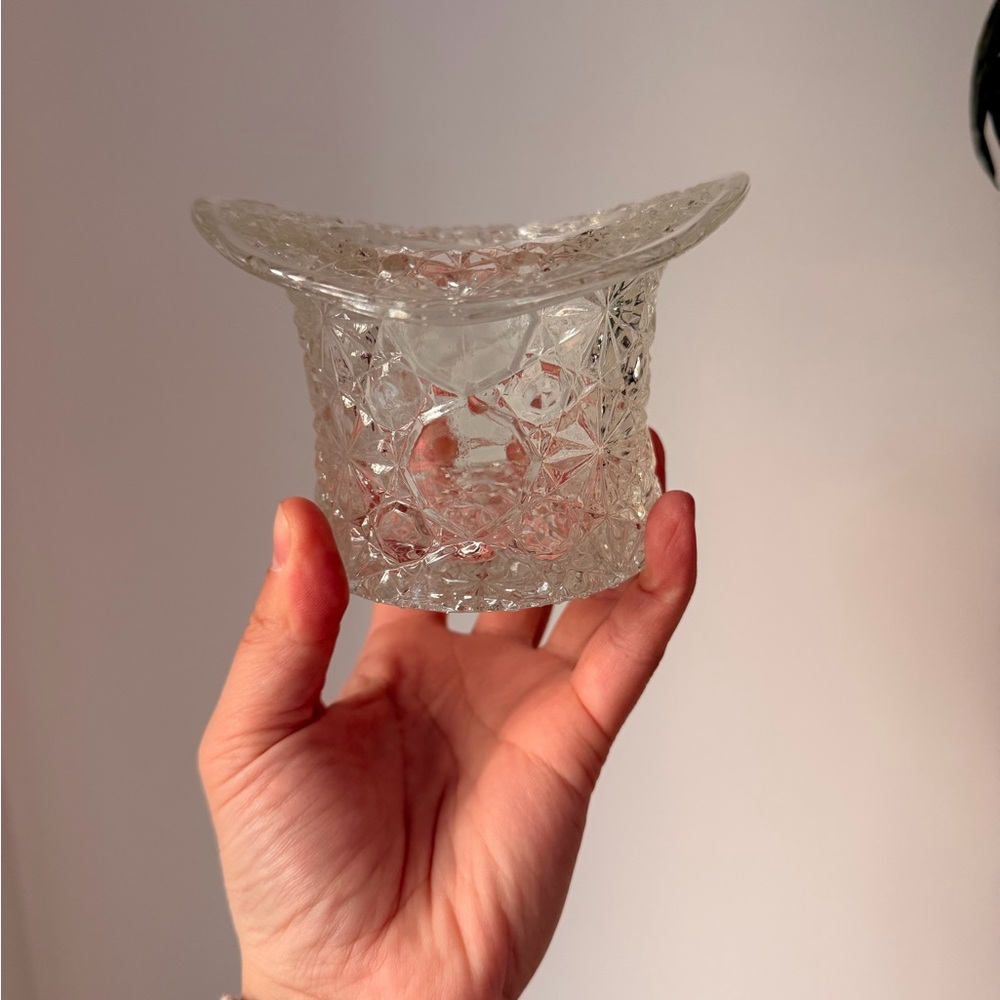 Clear Pressed Glass Candle Holder - Elegant Cut Pattern